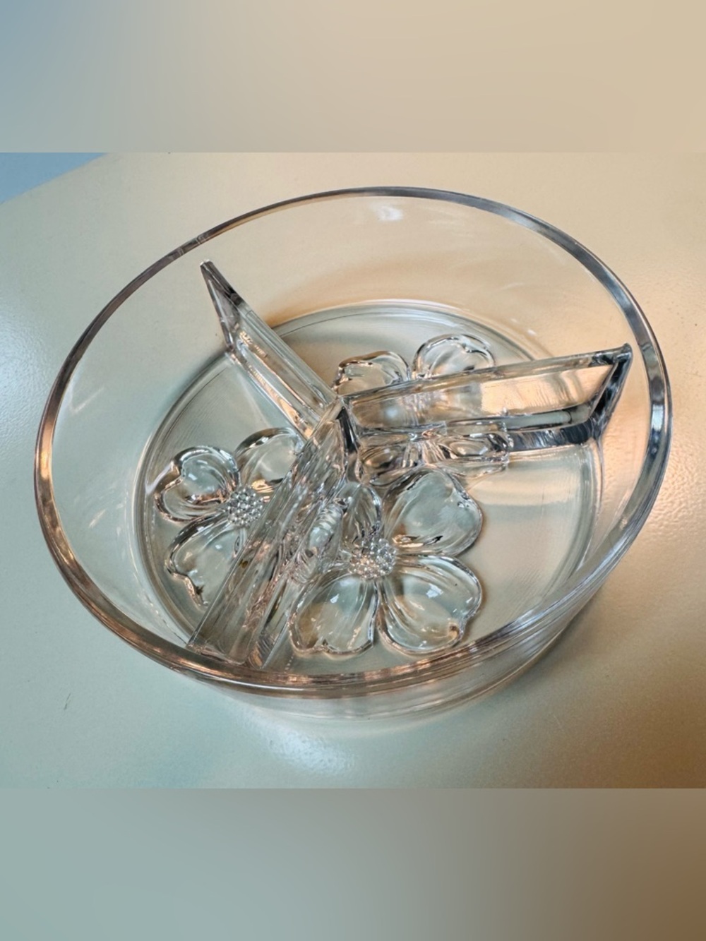 VINTAGE 1950s Divided Candy Nut Olive Dish Pressed Glass Dish Dogwood Bas Relief